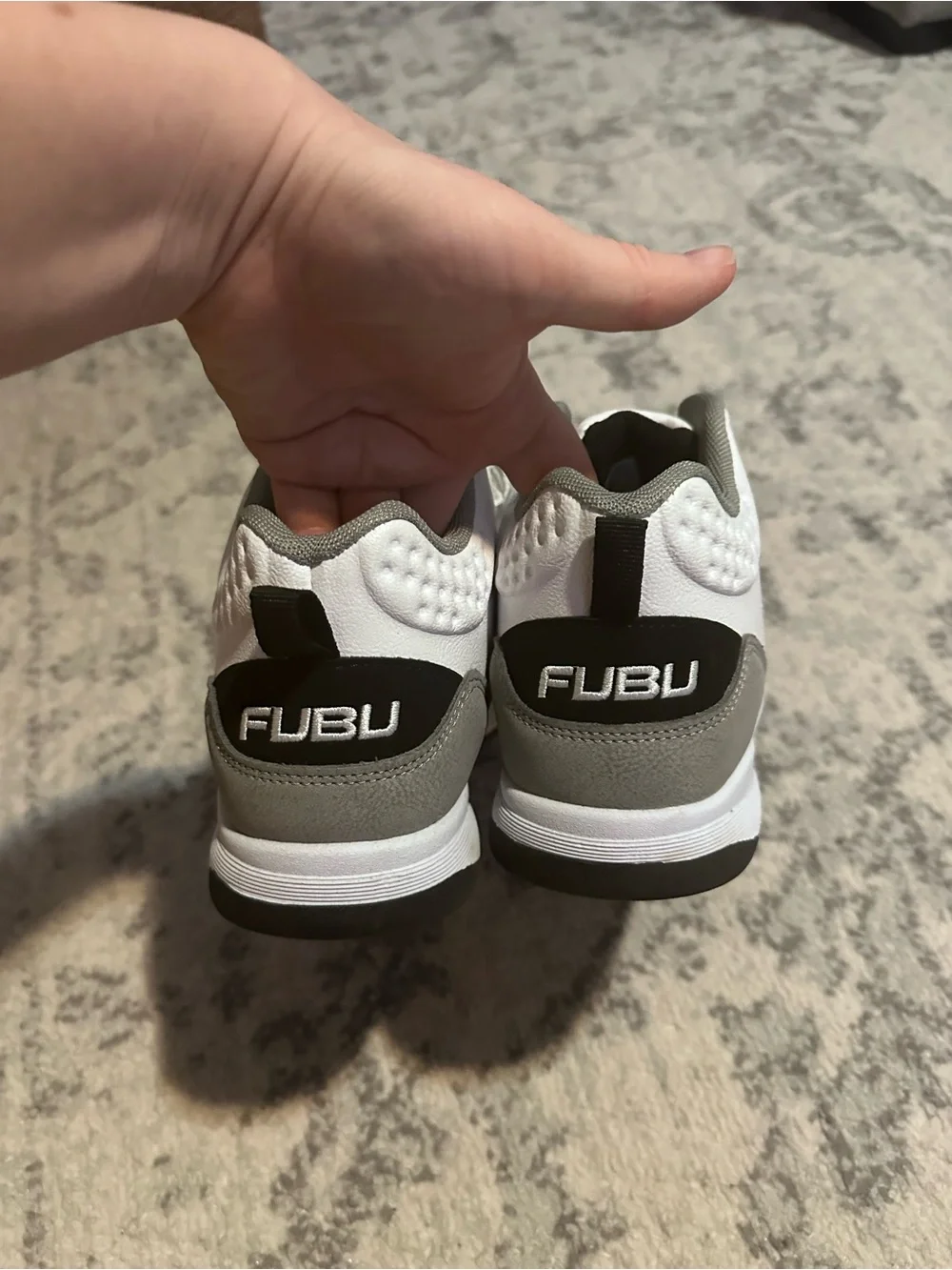 FUBU men’s white and gray Hustle athletic sneakers with black accents size 7